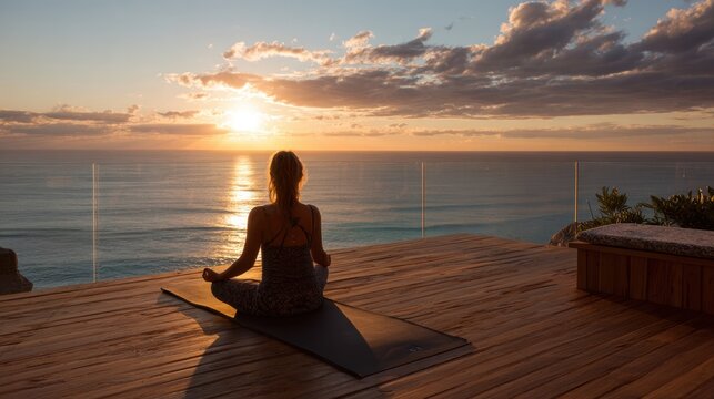 A woman practices yoga on a wooden deck overlooking the ocean during sunset. The sky is filled with soft clouds and warm colors as she meditates peacefully.