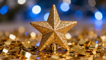 A glittering golden star ornament rests atop a bed of shimmering gold confetti surrounded by soft blue bokeh lights evoking a festive holiday atmosphere.