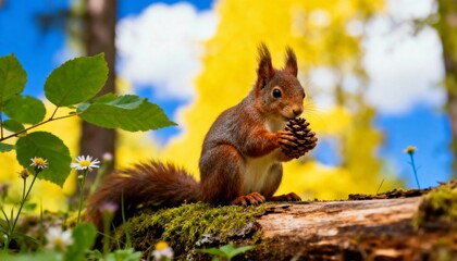 Charming red squirrel with bushy tail eats pine cone on mossy log in vibrant autumn forest against blue sky