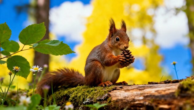 Charming red squirrel with bushy tail eats pine cone on mossy log in vibrant autumn forest against blue sky