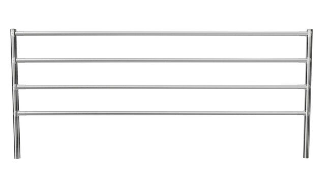 3d render of a shiny stainless steel tubular pipe fence. industrial metal railing system with modular slip-on fittings for safety barriers.