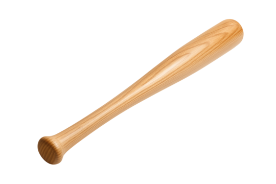 A smooth, light-colored wooden baseball bat with a rounded knob, used for hitting and playing the popular american sports game of baseball, isolated on transparent background