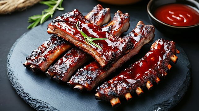 Spicy hot spare ribs on plate over blue stone background