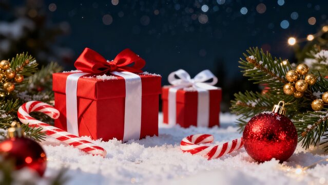 A festive winter scene featuring red gift boxes with white ribbons candy canes and Christmas ornaments nestled in snow under a starry night sky.