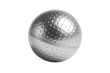 A shiny metallic silver golf ball with a dimpled surface, representing a luxury sport, precision, and competitive outdoor recreation, isolated on transparent background