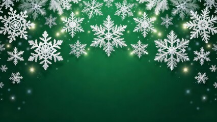 A festive green background adorned with intricate white snowflakes and twinkling golden lights evoking a wintry holiday atmosphere.