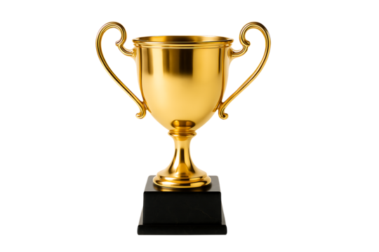 A stunning gold trophy on a black pedestal, symbolizing victory, achievement, and first place success, isolated on transparent background