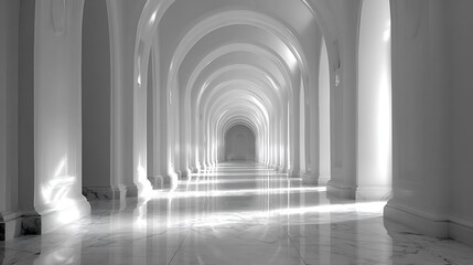 Obraz premium White Hallway Perspective with Arches and Marble Floor Light Reflection