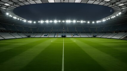Dynamic stadium view showcasing lush green soccer field and bright stadium lights, creating - Powered by Adobe