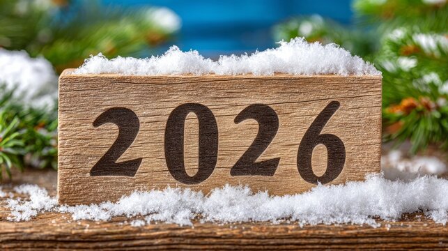 A wooden block with the number twenty-six on it is covered in snow