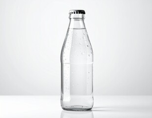 Clear glass beverage bottle mockup with condensation on a white background, perfect for showcasing drink label designs.