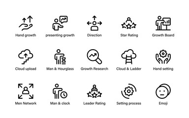 Business achievement progress icons. career success, leadership, target skills, motivation, performance improvement and growth development icon set.