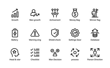 Professional growth achievement icons. leadership excellence, progress tracking, motivation, goal skills and career advancement success symbols.