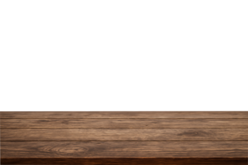 Rustic dark wooden planks forming a horizontal foreground table surface against a white empty background with selective focus isolated on transparent background