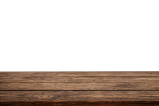 Rustic dark wooden planks forming a horizontal foreground table surface against a white empty background with selective focus isolated on transparent background