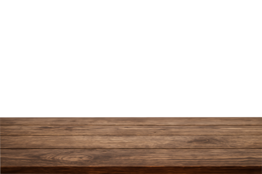 Rustic dark wooden planks forming a horizontal foreground table surface against a white empty background with selective focus isolated on transparent background
