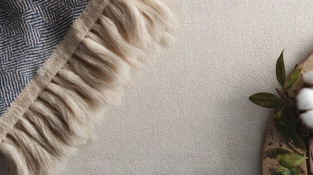 A white blanket with a blue and white striped fringe sits on a white background