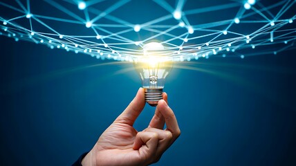 Hand holding glowing light bulb with connected digital network