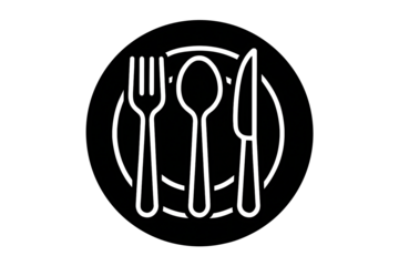 Stylized black and white graphic icon of a complete restaurant place setting with fork spoon and knife on a round plate isolated on transparent background