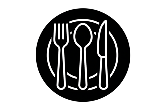 Stylized black and white graphic icon of a complete restaurant place setting with fork spoon and knife on a round plate isolated on transparent background