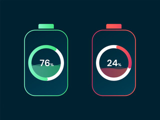 Electric Vehicle battery charging Status Interface with minimalist Battery Storage symbols Circular Charging, Battery Low vector design concept. Battery charging dashboard for ui, ev car, infographic.
