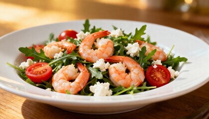 Delicious shrimp salad with fresh arugula, cherry tomato and feta cheese in a white bowl illuminated by natural light