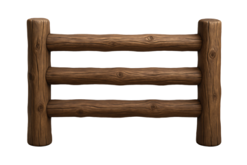 Rustic wooden log fence section made from three rough textured horizontal rails and two vertical posts, isolated on transparent background