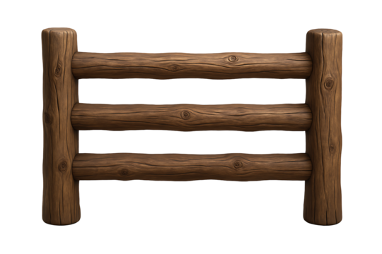 Rustic wooden log fence section made from three rough textured horizontal rails and two vertical posts, isolated on transparent background