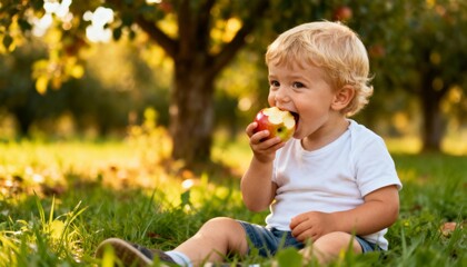 Joyful toddler boy with blond hair happily eats a fresh red apple in a sunlit orchard with lush green grass