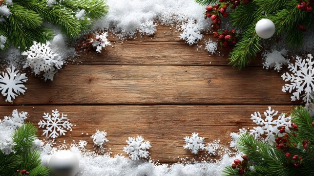 A wooden frame with snowflakes and berries on it - Powered by Adobe