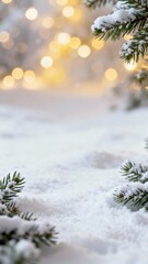 A serene winter scene featuring snow-covered evergreen branches with a soft glowing bokeh background evoking a peaceful holiday atmosphere.