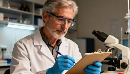 Focused scientist in lab coat and safety glasses meticulously taking notes with pen on clipboard next to microscope, representing research and discovery.