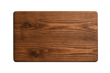 Rectangular weathered dark brown wooden cutting board or serving platter with rounded corners showing pronounced wood grain, isolated on transparent background