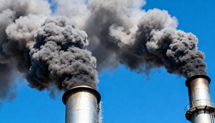Industrial chimney emitting dark smoke against a clear blue sky, symbolizing pollution and environmental concern.