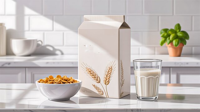 Breakfast cereal with milk carton and glass on bright kitchen counter
