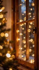 A cozy Christmas scene featuring a warmly lit window adorned with twinkling fairy lights complemented by a softly blurred Christmas tree in the foreground.