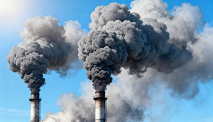 Industrial chimney belching dark smoke against a bright blue sky representing pollution and environmental damage