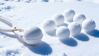 Snowball maker tool and ready snowballs on pristine white snow field illuminated by bright daylight, suggesting winter fun and outdoor activity.