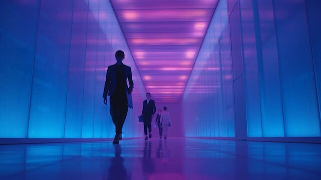 People walking in a futuristic corridor with vibrant neon lights, business concept.
