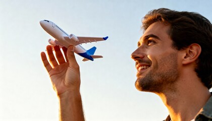 Cheerful man holding toy airplane towards clear sky, symbolizing travel dreams and aspiration, backlit by warm sunset light