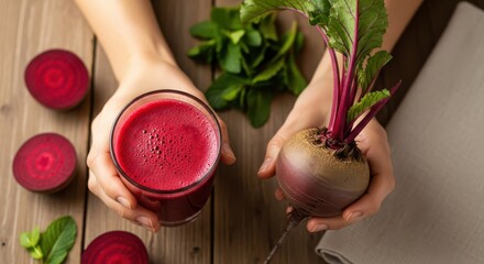 Woman holding glass of fresh beetroot juice and whole beet with leaves on wooden table