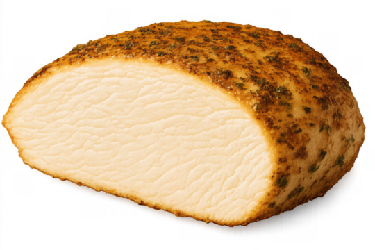 Cooked roasted chicken breast cut in half, seasoned with herbs, ready for a healthy meal, transparent background