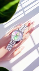 A close-up shot of a woman's hand wearing a silver wristwatch with a unique, iridescent dial, highlighted by natural light and shadows.