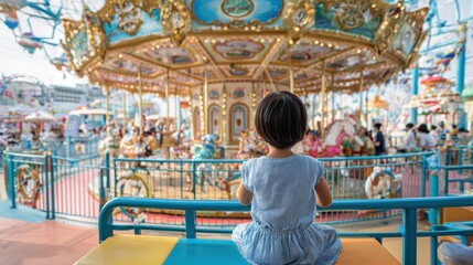 A young child sits on a bench, gazing at a vibrant carousel filled with lights and joyful animals at an amusement park during a lively afternoon.