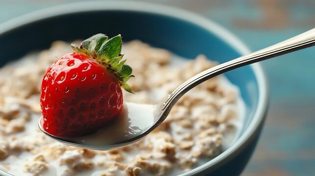 Spoon holds single strawberry above bowl of oatmeal