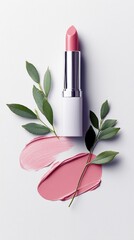 A pink lipstick tube stands upright, surrounded by two swatches of pink lipstick and delicate green leaves, set against a clean white backdrop.
