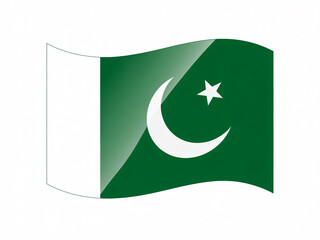 Waving glossy flag of Pakistan with green field, white stripe, crescent moon, and star on a white background.