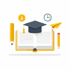 Illustration of an open book with a graduation cap, ruler, pencil, clock, and paper airplane on a white background, symbolizing education and learning.