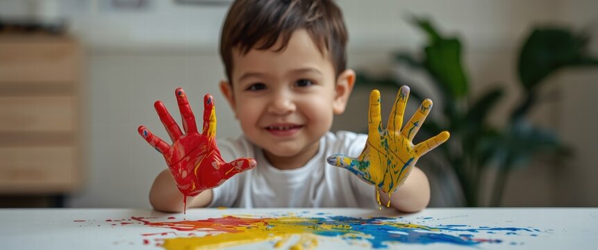 A charming scene of childhood joy as a little boy proudly displays his vividly painted hands, showcasing the magic of art and creative exploration at home.