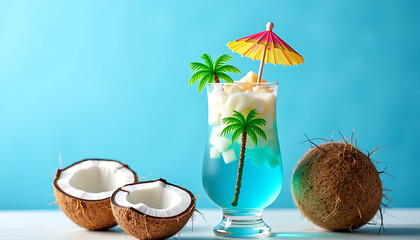 Obraz premium Tropical Coconut Cocktail with Palm Decoration and Colorful Umbrellas